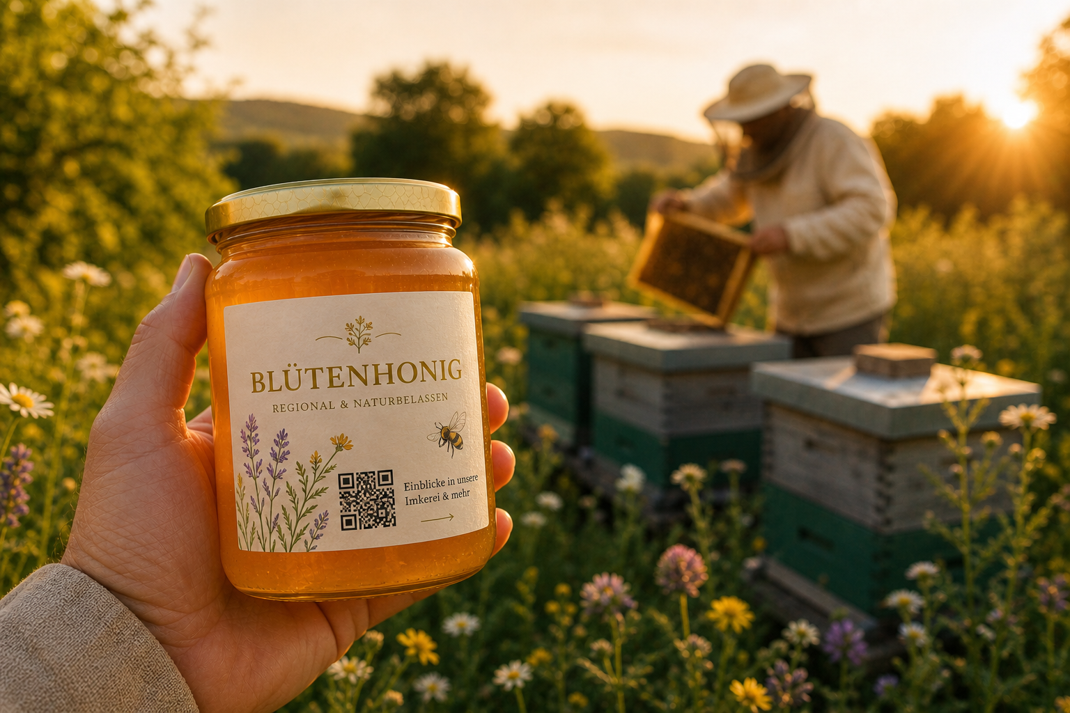 Honigglas mit QR-Etikett bei den Bienenst&ouml;cken