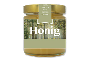 Honigetikett Wald Nr.01 B 500g Ansicht auf Glas