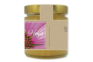 Honigetikett modern Nr.23 B 500g Ansicht auf Glas