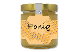 Honigetikett klassisch Nr.06 A 500g Ansicht auf Glas