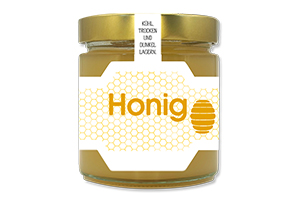 Honigetikett klassisch Nr.08 A 500g Ansicht auf Glas