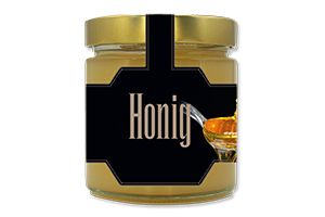 Honigetikett modern Nr.18 A 500g Ansicht auf Glas