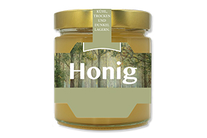 Honigetikett Wald Nr.01 A 500g Ansicht auf Glas
