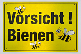 Vorsicht! Bienen gelb mit Bienen Schild auf gebürsteten Alu Dibond