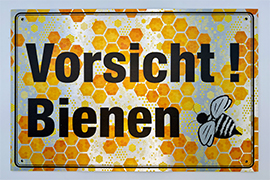 Vorsicht Bienen! mit Wabendesign  Schild auf gebürsteten Alu Dibond