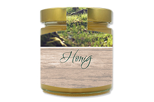 Honigetikett Wald Nr.06 C 500g Ansicht auf Glas