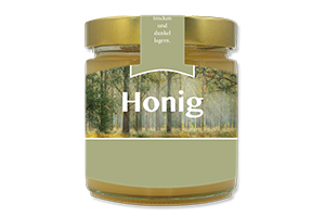 Honigetikett Wald Nr.01 C 500g Ansicht auf Glas