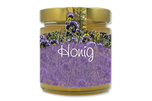 Honigetikett Phacelia Nr.01 C 500g Ansicht auf Glas