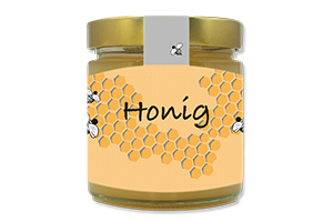 Honigetikett klassisch Nr.06 C 250g Ansicht auf Glas