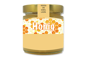 Honigetikett klassisch Nr.09 C 250g Ansicht auf Glas