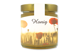 Honigetikett modern Nr.54 C 250g Ansicht auf Glas