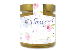 Honigetikett modern Nr.55 C 250g Ansicht auf Glas