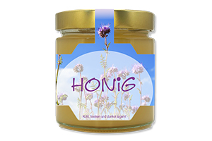 Honigetikett Phacelia Nr.04 A 250g Ansicht auf Glas
