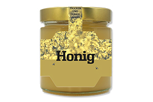 Honigetikett Raps Nr.05 A 250g Ansicht auf Glas