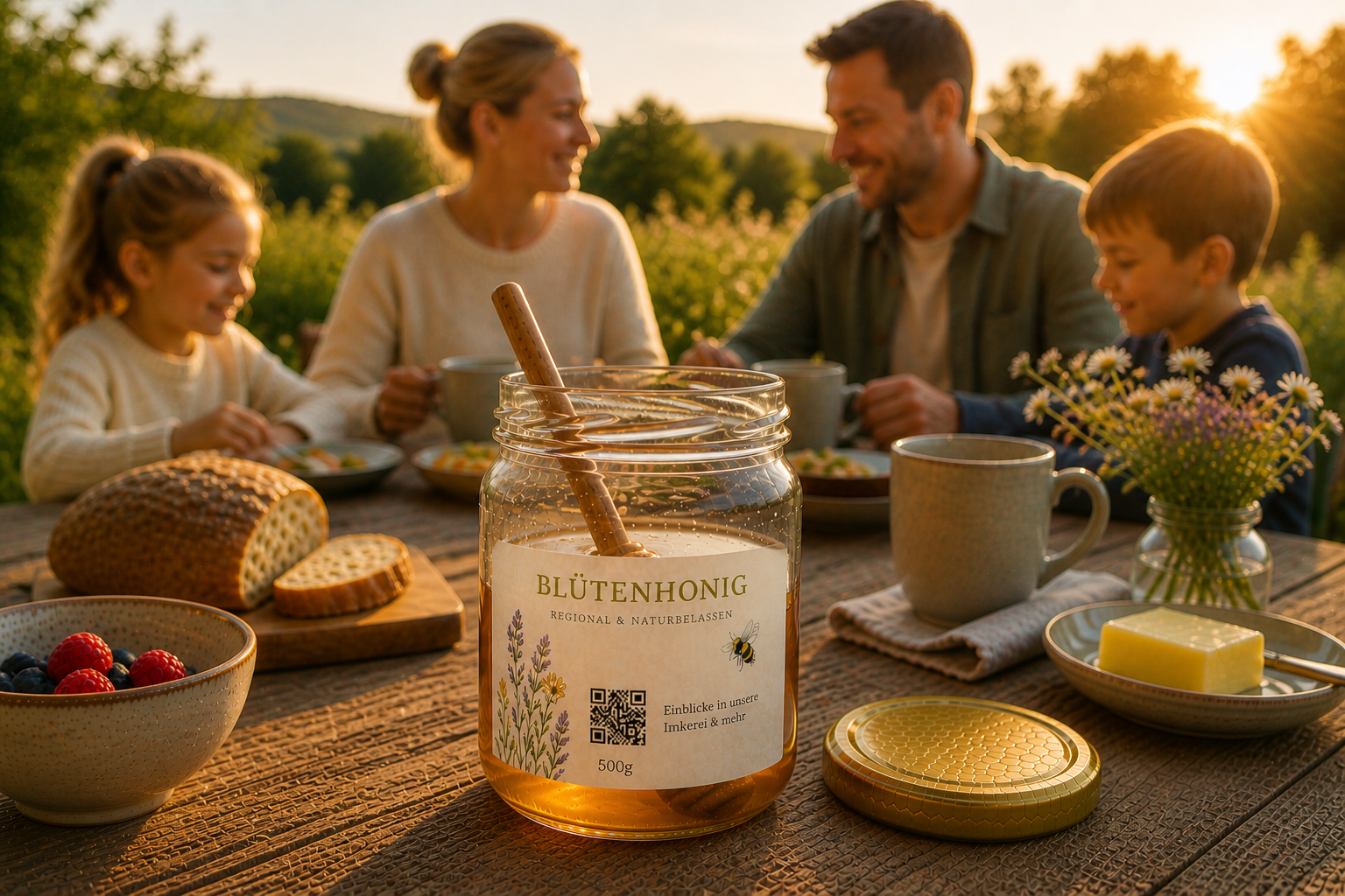 Honigglas auf dem Fr&uuml;hst&uuml;ckstisch